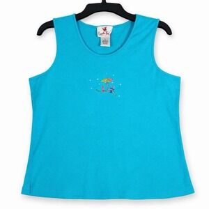 Quacker Factory Aqua Blue Tank Top Size XL Beach Embroidered Sequins Summer
